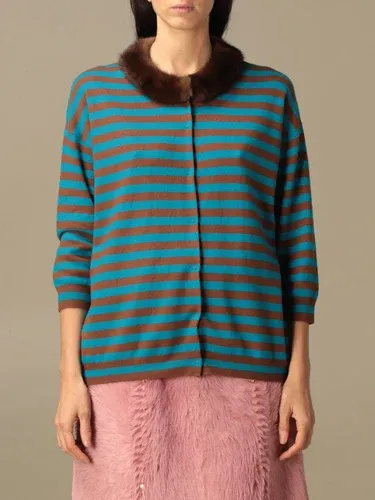 Cardigan Prada in lana vergine a righe con collo di visone (45534615) Cardigan Prada in lana vergine a righe con collo di visone (45534615)